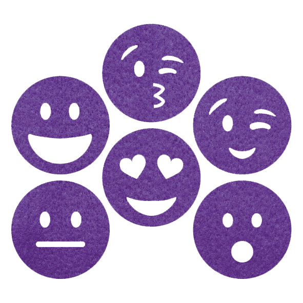 grappige paarse smileys onderzetters van vilt met zes verschillende smileys bij mijnonderzetters.nl webshop