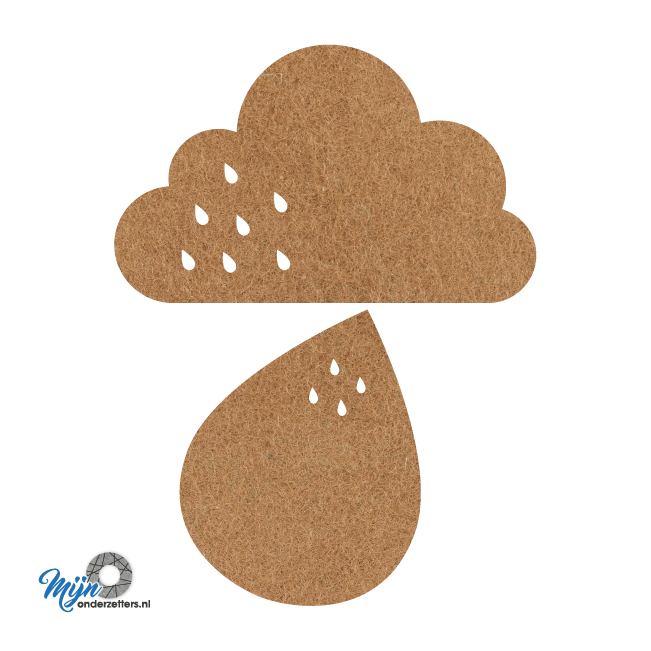 grappige lichtbruine regen vilt onderzetter bestaande uit een wolk en druppel bij mijnonderzetters.nl webshop