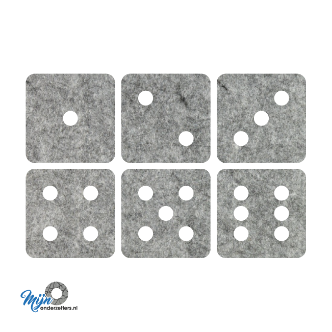 Speelse dobbelsteen onderzetters vilt in de kleur gemarmerd grijs bij mijnonderzetters.nl webshop