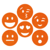 grappige oranje smileys onderzetters van vilt met zes verschillende smileys bij mijnonderzetters.nl webshop