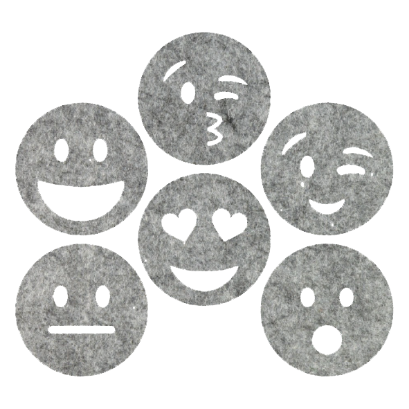 grappige gemeleerd grijze smileys onderzetters van vilt met zes verschillende smileys bij mijnonderzetters.nl webshop