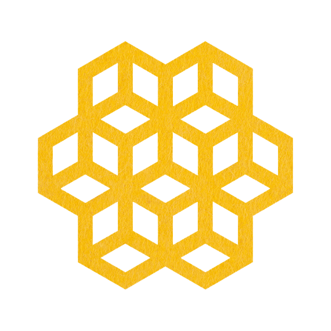 Strak vormgegeven gele onderzetter van vilt in de vorm van opgestapelde blokjes bij mijnonderzetters.nl webshop