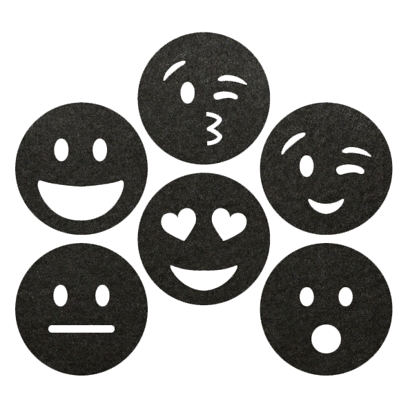grappige zwarte smileys onderzetters van vilt met zes verschillende smileys bij mijnonderzetters.nl webshop