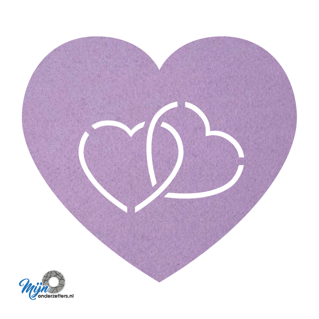 zeer mooie en romantische hart in hart onderzetter vilt in de kleur lila van mijnonderzetters.nl
