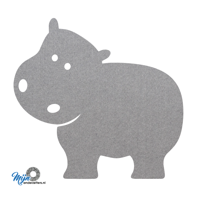 lichtgrijze Schattige Nijlpaard onderzetter vilt is met zijn unieke vorm de perfecte bescherming voor uw tafel en alleen verkrijgbaar bij mijnonderzetters.nl