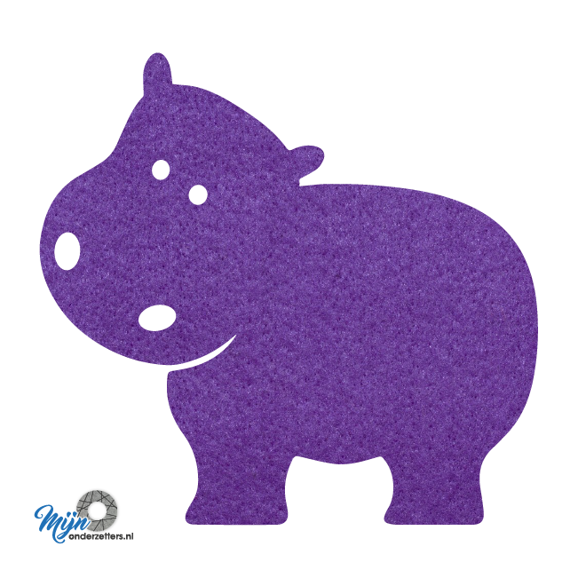 paarse Schattige Nijlpaard onderzetter vilt is met zijn unieke vorm de perfecte bescherming voor uw tafel en alleen verkrijgbaar bij mijnonderzetters.nl