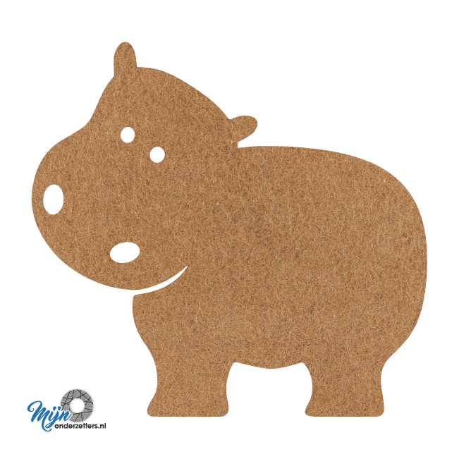lichtbruine Schattige Nijlpaard onderzetter vilt is met zijn unieke vorm de perfecte bescherming voor uw tafel en alleen verkrijgbaar bij mijnonderzetters.nl