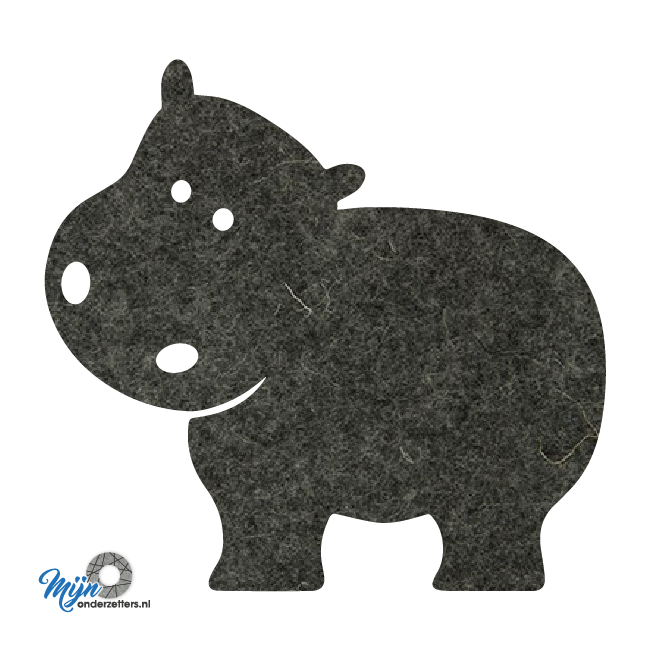 gemeleerd antraciete Schattige Nijlpaard onderzetter vilt is met zijn unieke vorm de perfecte bescherming voor uw tafel en alleen verkrijgbaar bij mijnonderzetters.nl